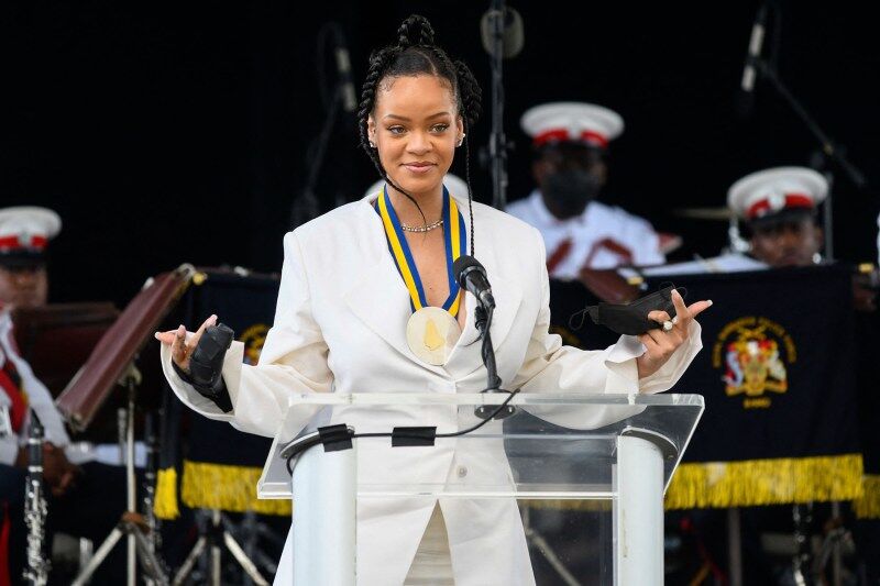 TOPSHOT - Rihanna Fenty speaks after becoming Barbados 11th National Hero during the National Honors ceremony and Independence Day Parade at Golden Square Freedom Park in Bridgetown, Barbados, on November 30, 2021. (Photo by Randy Brooks / AFP) (Photo by RANDY BROOKS/AFP via Getty Images)