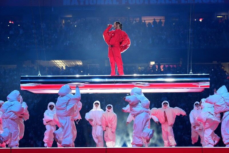 GLENDALE, ARIZONA - FEBRUARY 12: Rihanna performs during Apple Music Super Bowl LVII Halftime Show at State Farm Stadium on February 12, 2023 in Glendale, Arizona. (Photo by Kevin Mazur/Getty Images for Roc Nation)